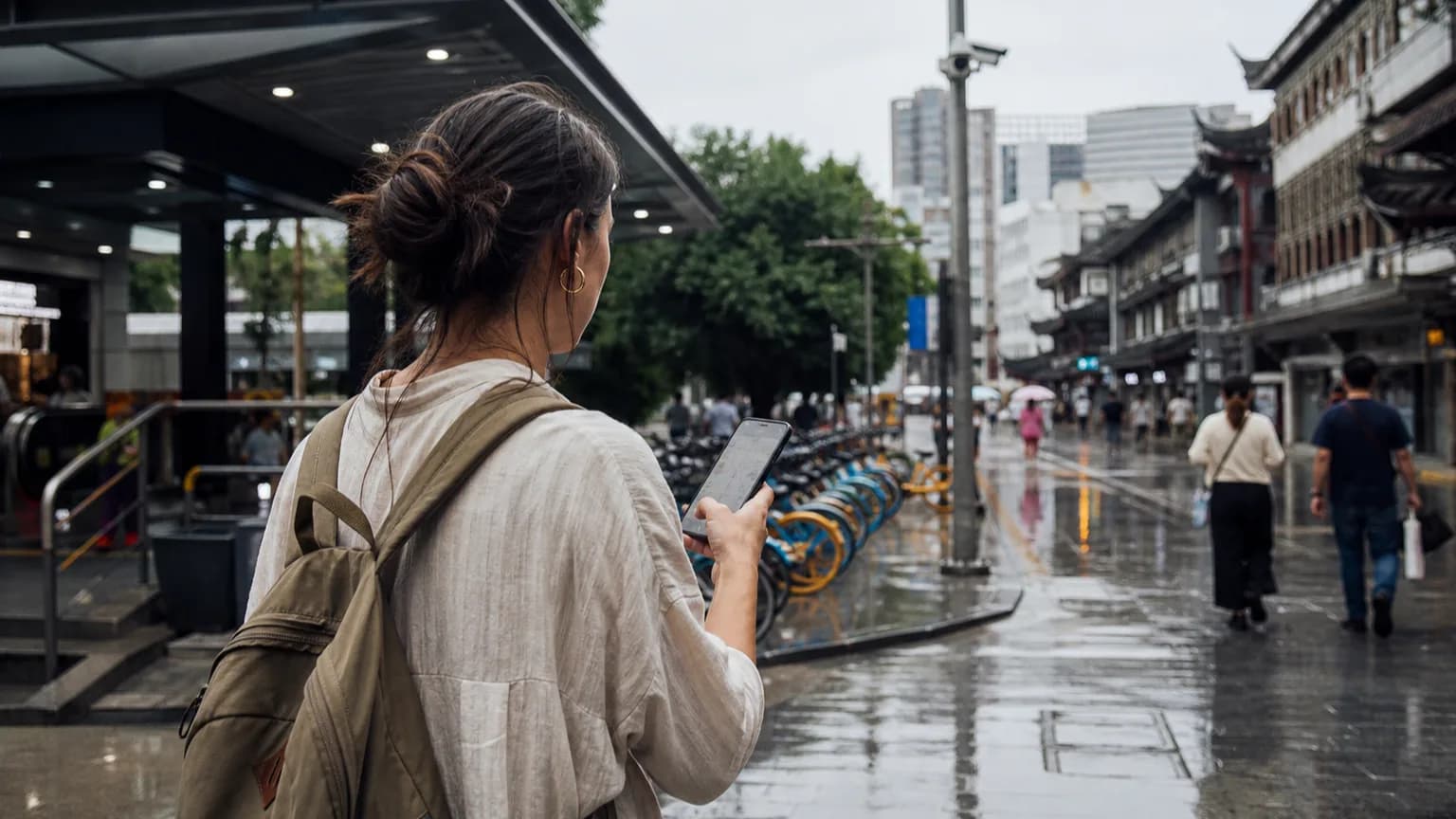 Traveler using a smartphone while navigating a busy Chinese city street