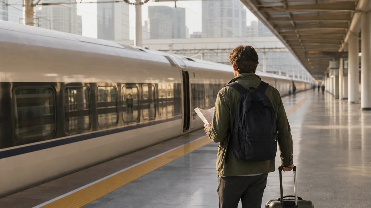 Traveler preparing to board a high-speed train for a multi-city China itinerary