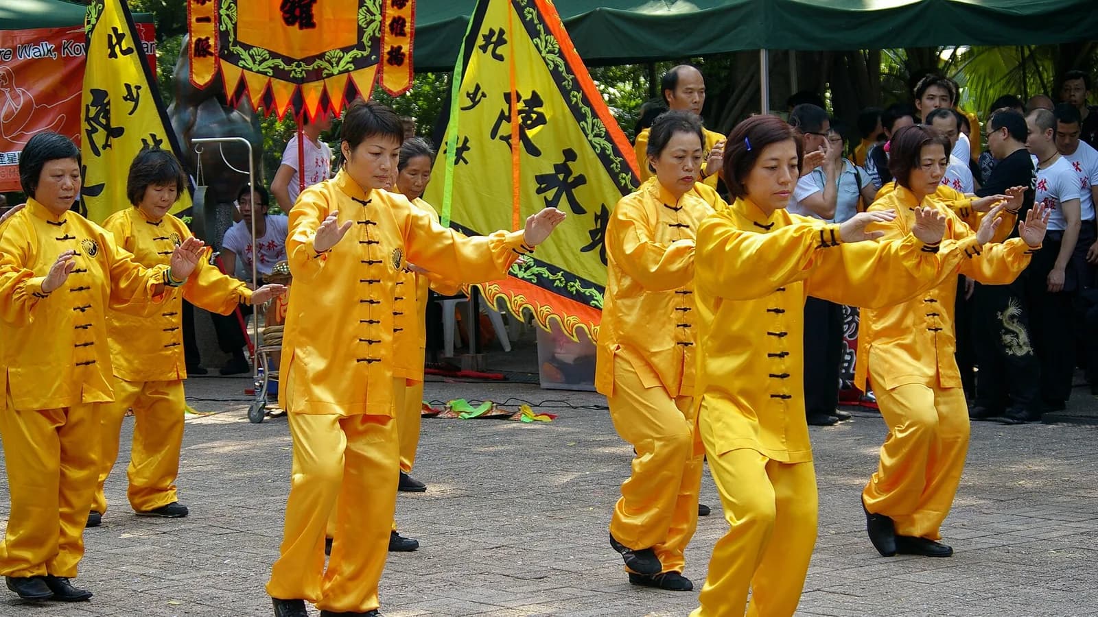 A Tai Chi teacher guiding travelers in a leafy Beijing park